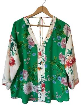 Chenault Emerald Green Floral Tie-Back Blouse with Cream Panels size M
